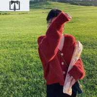 SUNTEK2020新款红色毛衣女针织开衫马海毛外套宽松慵懒风很仙的上衣外搭毛衣