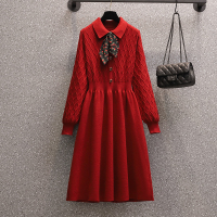 SUNTEK大码女装2020冬季新款胖妹妹mm遮肚显瘦碎花蝴蝶结毛衣打底连衣裙毛衣