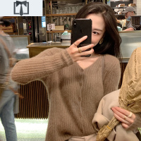 SUNTEK2020新款秋冬季复古宽松慵懒风浣熊绒针织开衫红色新年毛衣外套女毛衣