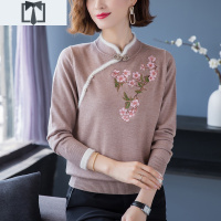 SUNTEK妈妈冬装旗袍领短款上衣中老年女秋冬加厚毛衣刺绣中国风打底衫40毛衣