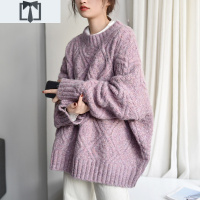 SUNTEK2020秋冬日系宽松慵懒风粗毛线圆领针织衫紫色茧型套头毛衣外套女毛衣