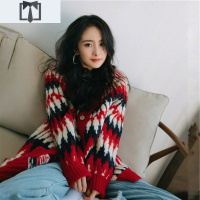 SUNTEK杨幂同款本命年红色复古菱格V领毛衣开衫新款宽松中长款针织外套毛衣