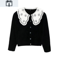 SUNTEK古力娜扎同款法式复古娃娃领针织开衫女秋冬宽松黑色翻领毛衣外套毛衣