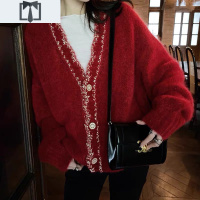 SUNTEK毛衣2020年新款女开衫复古日系秋冬新年红色圣诞宽松针织外套毛衣