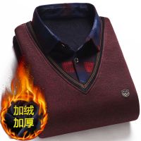 加绒加厚假两件针织衫中老年套头毛衣衬衫领长袖保暖毛衫男潮男潮