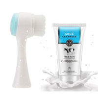 [店主推荐]蓝色+牛奶洗面奶 双面头刷手工洗脸刷软毛洁面刷硅胶洗脸仪洗脸神器清洁毛孔器