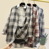 春款上新格子衬衫女原宿复古中长款chic宽松防晒衣薄外套韩版百搭长袖衬衣
