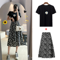 两件套纯棉小雏菊T恤+小雏菊rouje碎花连衣裙泫雅风ins半身裙