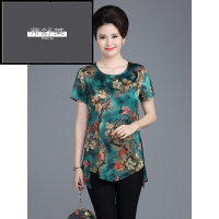 帝舒莱妈妈夏装短袖桑蚕丝印花冰丝大码中老年女装上衣服中长款真丝T恤
