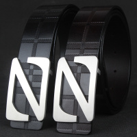 男士不锈钢商务皮带男真皮头层牛皮平滑扣腰带青年板扣裤带 纯黑色格纹头层原皮 105cm