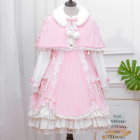 原创Lolita冬季款毛绒套头连衣裙加厚可爱大衣洋装少女 粉色[套头+连衣裙] 均码
