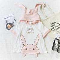 短袖宽松T恤兔耳朵可爱二次元连帽小清新软妹刺绣短款可爱上衣夏 乳白色 均码