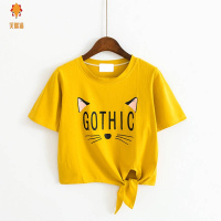 (笑眯猫)2019夏季新款韩版可爱猫咪短款短袖T恤女宽松学生百搭圆领上衣潮