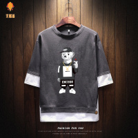 (笑眯猫)ins夏季男装短袖T恤宽松韩版五七分袖潮流原宿风青少年假两件半袖