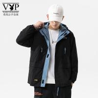 花花公子贵宾秋季2021年新款拼色夹克男潮流宽松工装外套潮流韩版拼接夹克衫 连帽