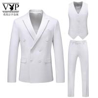 花花公子贵宾 男士商务休闲双排扣纯色西装套装新郎结婚大码修身礼服西服三件套