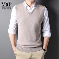 花花公子贵宾 秋冬季男士无袖含羊毛衫中青年v领背心休闲针织衫马甲坎肩