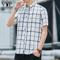 花花公子贵宾 格子衬衫中青少年男短袖夏季新款韩版修身衬衣男士帅气半袖青年百搭寸衫潮