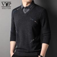 花花公子贵宾 假两件毛衣男秋冬季新款宽松休闲男装上衣衬衫领针织打底衫男
