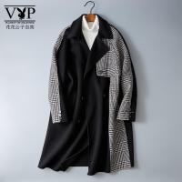 花花公子贵宾 双面毛呢大衣男中长款羊毛风衣冬季韩版西装领格子拼接外套