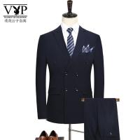 花花公子贵宾 西服套装男士黑色条纹双排扣西装英伦风修身商务正装新郎结婚礼服