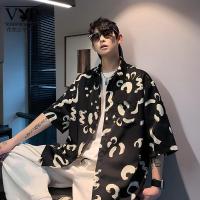 花花公子贵宾 港风夏季碎花冰丝薄款短袖衬衫青少年男士宽松蓝色半袖花衬衣