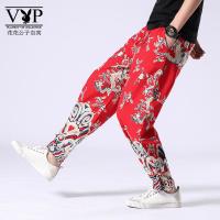 花花公子贵宾 花纹龙纹休闲长裤男夏季薄款束脚哈伦裤中国风印花潮牌唐装休闲裤