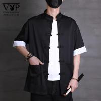 花花公子贵宾 夏季中国风衬衫男短袖中式立领复古盘扣唐装禅意汉服中山装衬衣潮