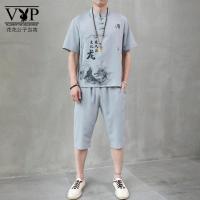 花花公子贵宾 中国风男装夏季薄款短袖t恤唐装汉服六分袖衬衫道袍套装