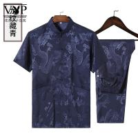 花花公子贵宾 中老年唐装短袖男士套装夏季仿冰丝衬衫立领中式盘扣改良宽松爸爸装