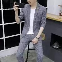 花花公子贵宾 夏季薄款七分袖西服男士套装格子休闲韩版修身潮流帅气中袖小西装