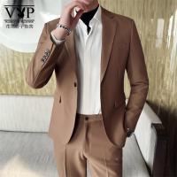 花花公子贵宾 时尚英伦风杏色西装男套装商务休闲职业正装男士新郎结婚礼服外套