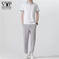 花花公子贵宾 冰丝套装夏季九分休闲西裤男长裤修身韩版短袖POLO衫两件套潮