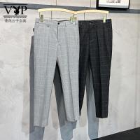 花花公子贵宾 新款夏季格子小西裤男韩版修身商务垂感休闲锥形西装九分裤男