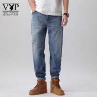 花花公子贵宾 夏季牛仔裤男宽松直筒日系潮牌大码哈伦裤男韩版潮流水洗破洞长裤