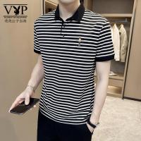 花花公子贵宾 polo衫条纹男短袖2023新款小人刺绣T恤半袖翻领上衣时尚潮流百搭