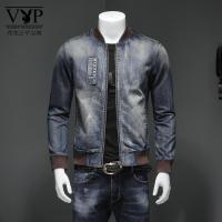 花花公子贵宾 春秋冬季个性棒球领牛仔服男士夹克外套大码牛仔衣男式牛仔蓝茄克
