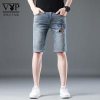 花花公子贵宾 2023新款夏季水洗灰色高品质刺绣潮牌五分牛仔短裤男修身弹力中裤男
