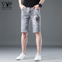 花花公子贵宾 牛仔短裤男夏季潮牌薄款做旧印花复古水洗2023新款弹力五分裤