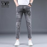 花花公子贵宾 2023春夏季潮牌高街牛仔裤男潮流印花修身小脚九分裤男水洗弹力裤