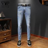 花花公子贵宾 2023春夏新款浅色破洞小脚牛仔裤男欧美潮流时尚烫钻个性修身长裤