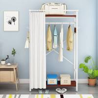 简约卧室落地挂衣架铁艺防尘带帘收纳衣帽架家用简易木衣柜可移动