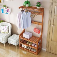 福岂善衣帽架落地实木挂衣架多功能简约卧室家用简易衣架鞋架组合