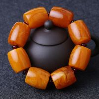 老蜜蜡手串男士大款鸡油琥珀桶珠单圈手链民族风佛珠配饰品