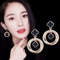 远方情杨幂同款925银针四叶耳圈耳钉女韩版水钻耳坠耳饰品