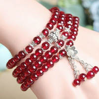 正品酒红石榴石青金108粒多圈合成水晶手链藏银4圈个性手链