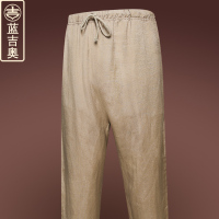 中老年人男士夏季休闲裤松紧腰系带薄款男裤长裤中国风民族风裤子