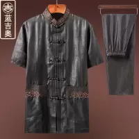 中老年唐装男短袖真丝桑蚕丝绸香云纱套装男装中式中国风夏装上衣