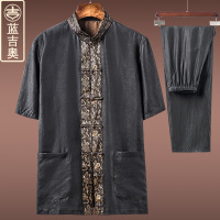 中老年人唐装男套装夏季短袖真丝桑蚕丝香云纱男装中式中国风服装
