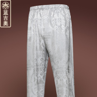 中老年唐装裤子男夏季薄款真丝桑蚕丝绸男裤中国风松紧休闲裤长裤
